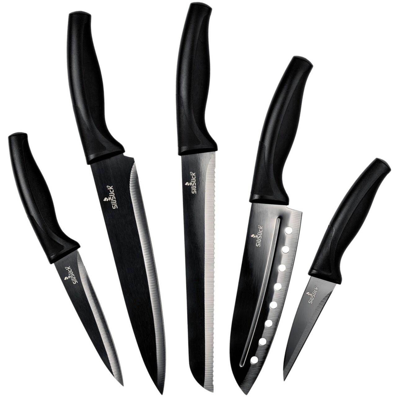 Silislick Stainless Steel Knife Set - Titanium Coated Stainless Steel Kitchen Utility Knife, Santoku, Bread